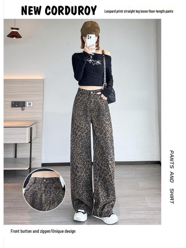 Damen Retro Leopard Print Weitbeinjeans - Petite Herbst/Winter Locker Geschnitten