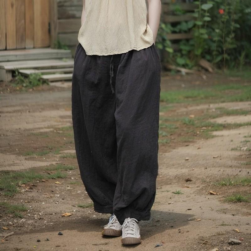 Johnature Damen Vintage Weitbeinige Hosen Frühling Elastischer Bund Locker Weiche Hosen Einfarbig Taschen Damen Hosen