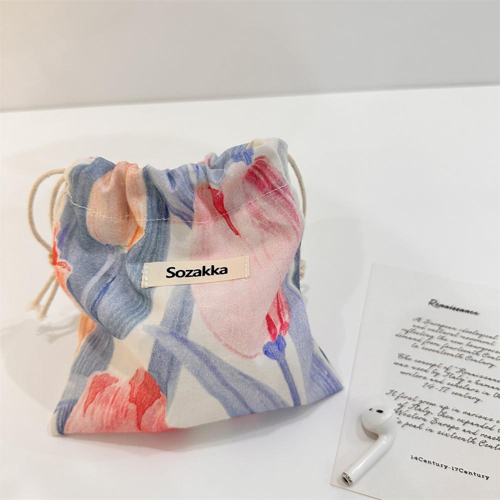 Stylish Floral Canvas Drawstring Makeup Bag Portable Cosmetic Pouch For Women