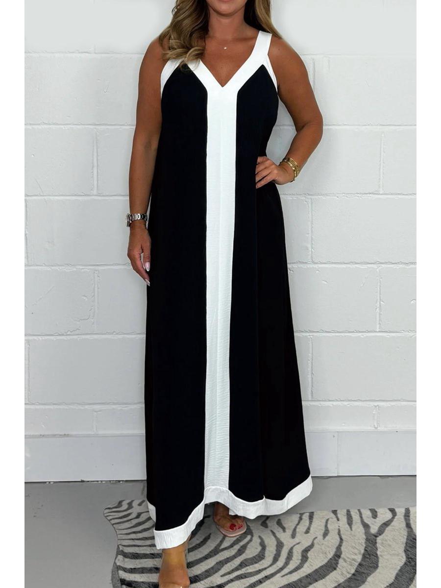 Contrast Color V-Neck Sleeveless Loose Long Women s Dress 3XL чёрный