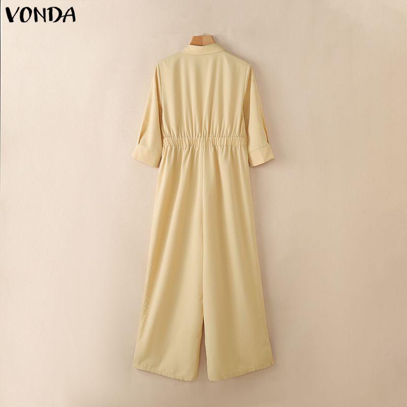 VONDA Damen Lapel Kragen 3/4 Ärmel Lässig Elegant Lang Weiter Bein Jumpsuit Rompers Für Große