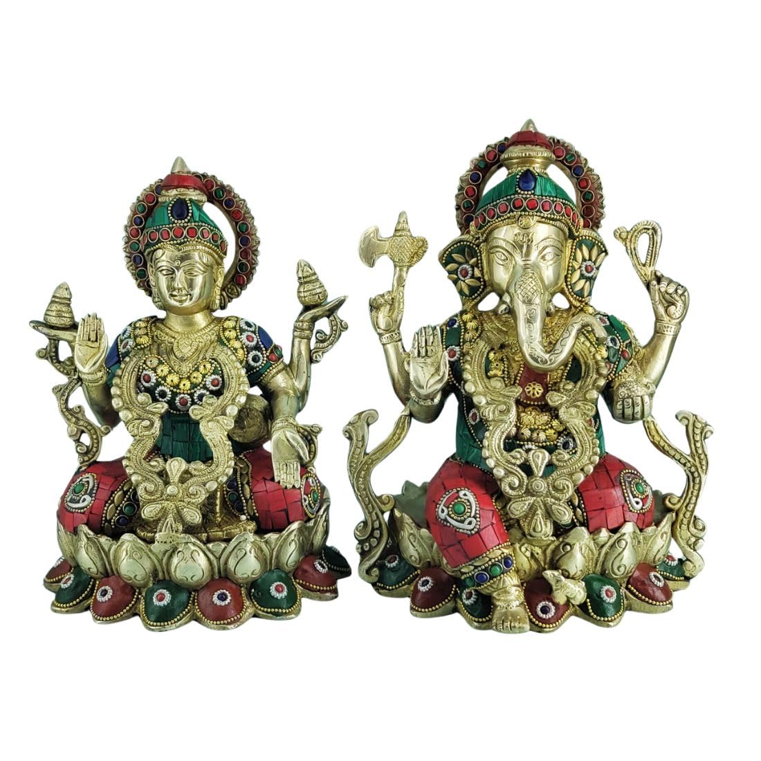 Парная статуэтка Лакшми и Ганеши из латуни, Мурта Лакшми и Ганеши с драгоценными камнями, Красно-золотая статуя