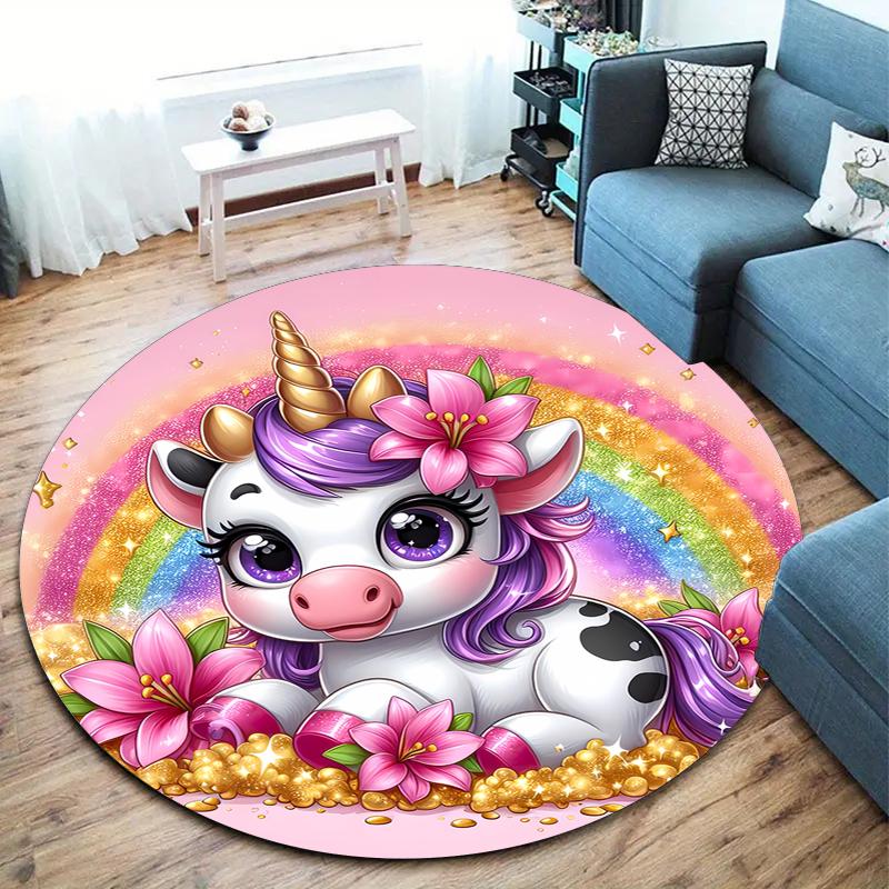 1Pc Cute Unicorn Circular Print Rug - Home Decoration Carpet For Living Room Bedroom Flooring Computer Chair Area Rug