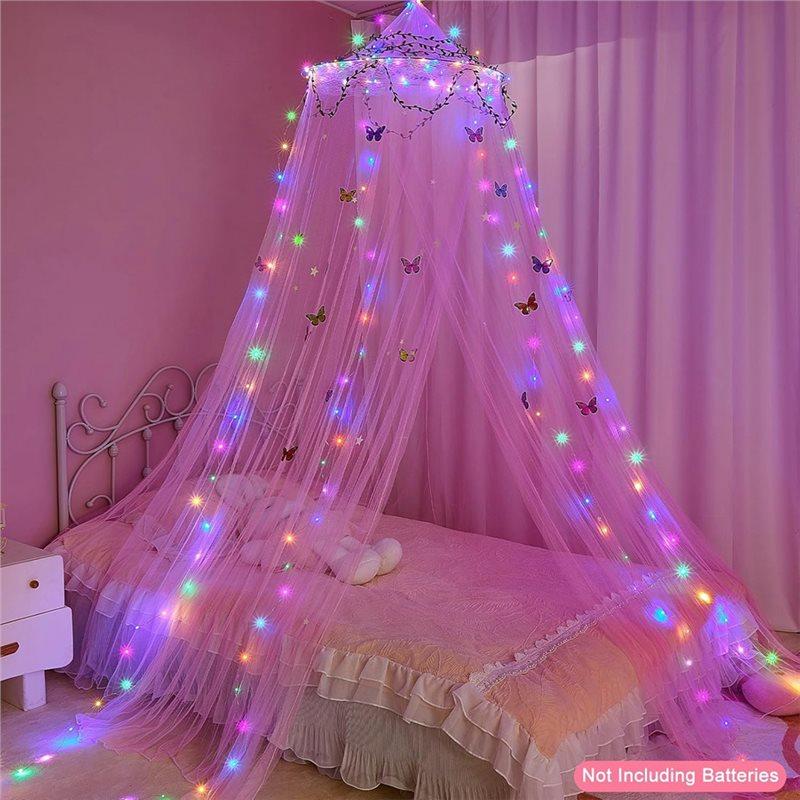 M-Modern-For Girls Room Bed Canopy Curtains With Led Lights Mosquito Net- DIY Princess Style Decor Featuring Butterflies Design