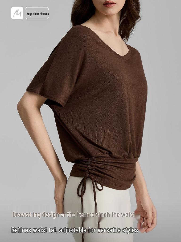 Women's V-neck Batwing Yoga T-shirt: Loose, Short Sleeve, Drawstring, Lazy Style for Spring/Summer 2026.
