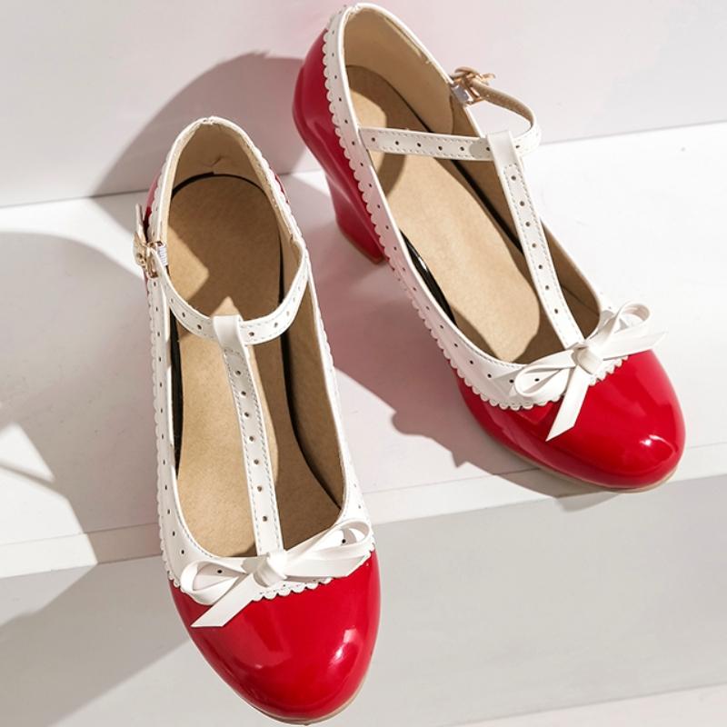 Fashion Sweet High Heels Pumps Mary Janes Lolitas Shoes for Women Patchwork Patent Women's Heeled Party Office Wedding Shoes Large Size