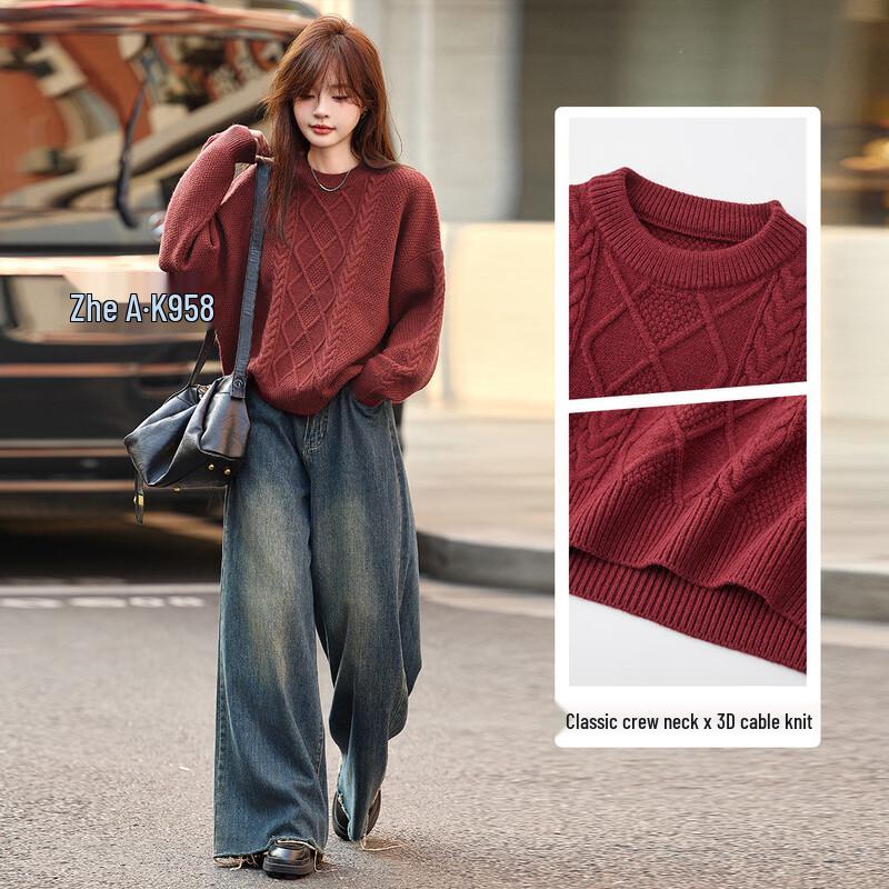 Women's Retro Cable Knit Round Neck Sweater