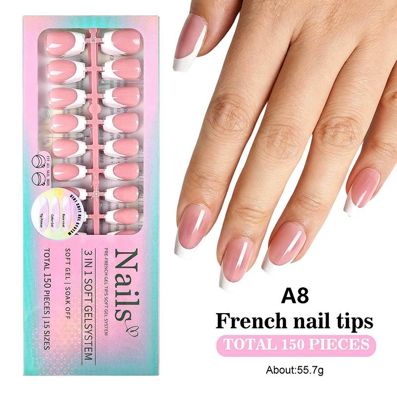 150Pcs/Boxed French Gel Tips Press On Nails Almond Nails 15 Sizes Pre-Applied Fake Nails For Manicure Extension