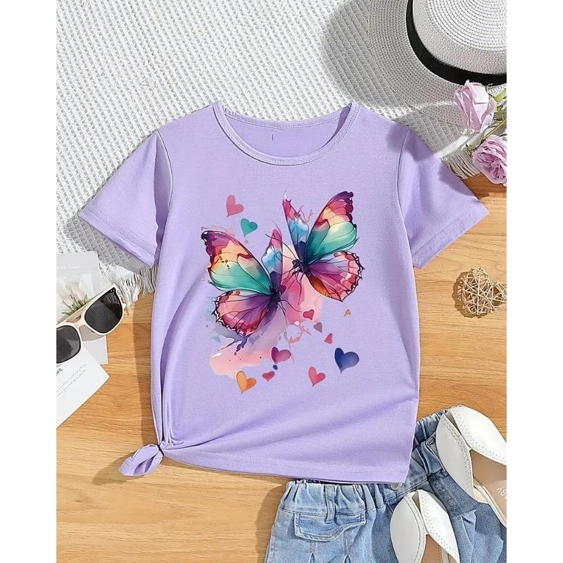 Girls' 3D Butterfly T shirt Tee Short Sleeve Summer Spring Fashion Basic Kids 4-12 Years