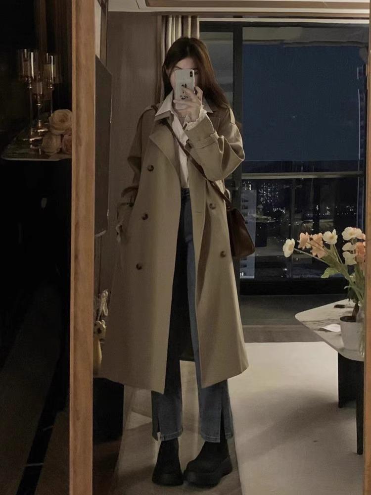 Women's Popular Khaki Trench Coat - British Style, Mid-Length, Petite Fit for Spring & Autumn 2025