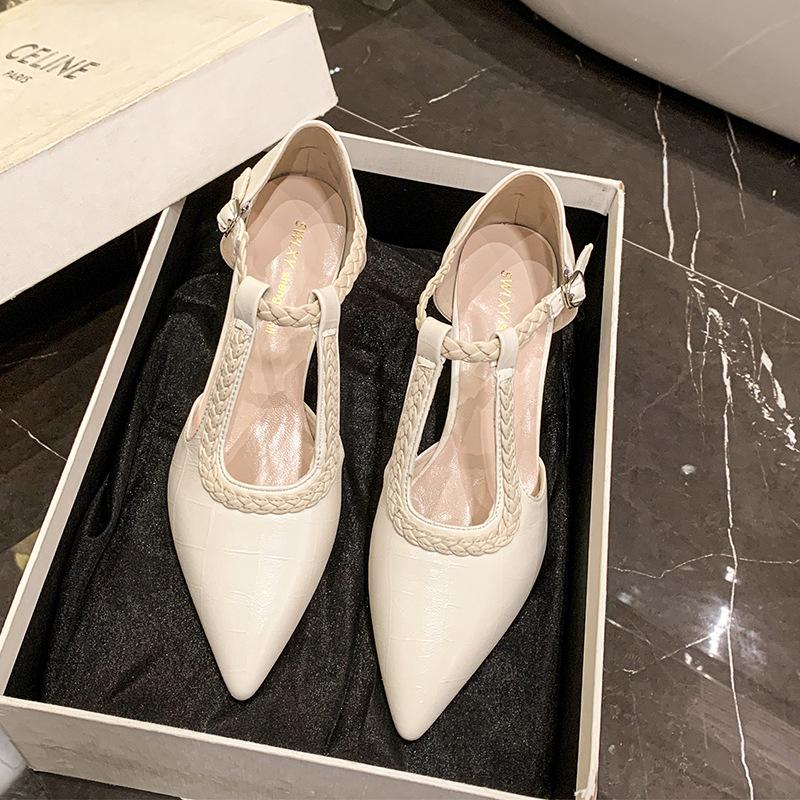 

French small leather shoes pointed one-word buckle hollow fashion shoes 2025 summer new fairy style versatile high heels 40