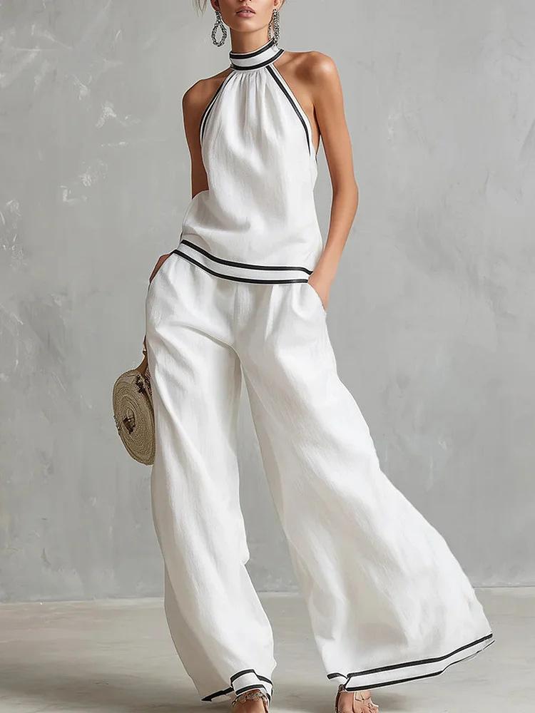 Sleeveless Wide Leg Pants Set Women Summer European Style Striped Color Block Two Piece Casual Vacation