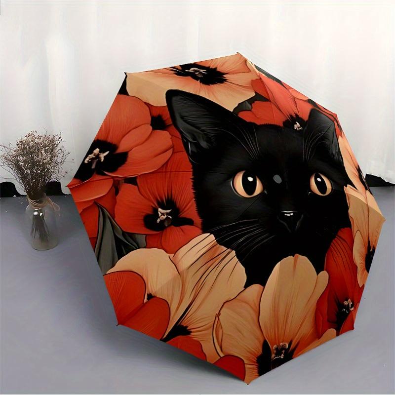 1 Stück Blumige Katze Automatisches Öffnungs-/Schließschirm mit Winddichtem, Funktionalem Design, Stabiles 8-Rippen-Dach