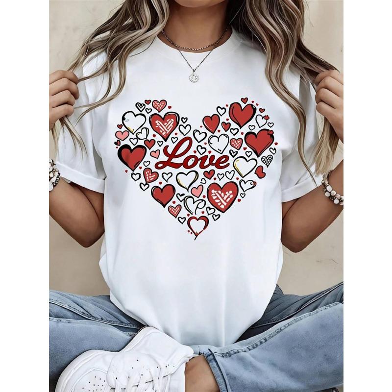 

European Size Valentine s T-Shirt - White, Short Sleeve, Crew Neck, Heart/Anime Print, 180gsm Heavyweight, Comfortable, Spring-Summer 4XL
