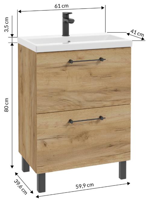 Bathroom cabinet with sink and 2 drawers 60x80cm Standing Oak Craft Cassandra