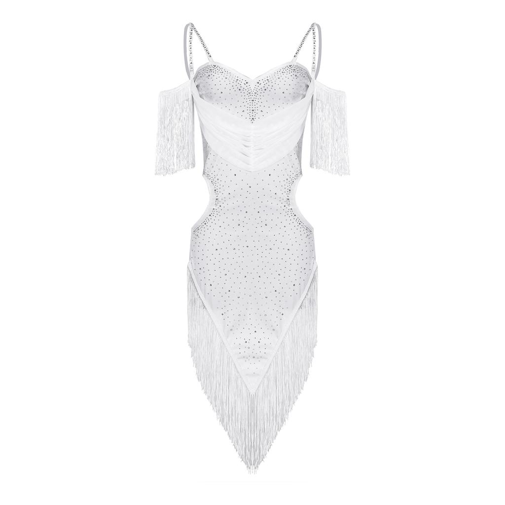 Women Latin Dance Cha Cha Tango Performance Costume Cutout Backless Spaghetti Straps Fringe Shiny Rhinestones Dress