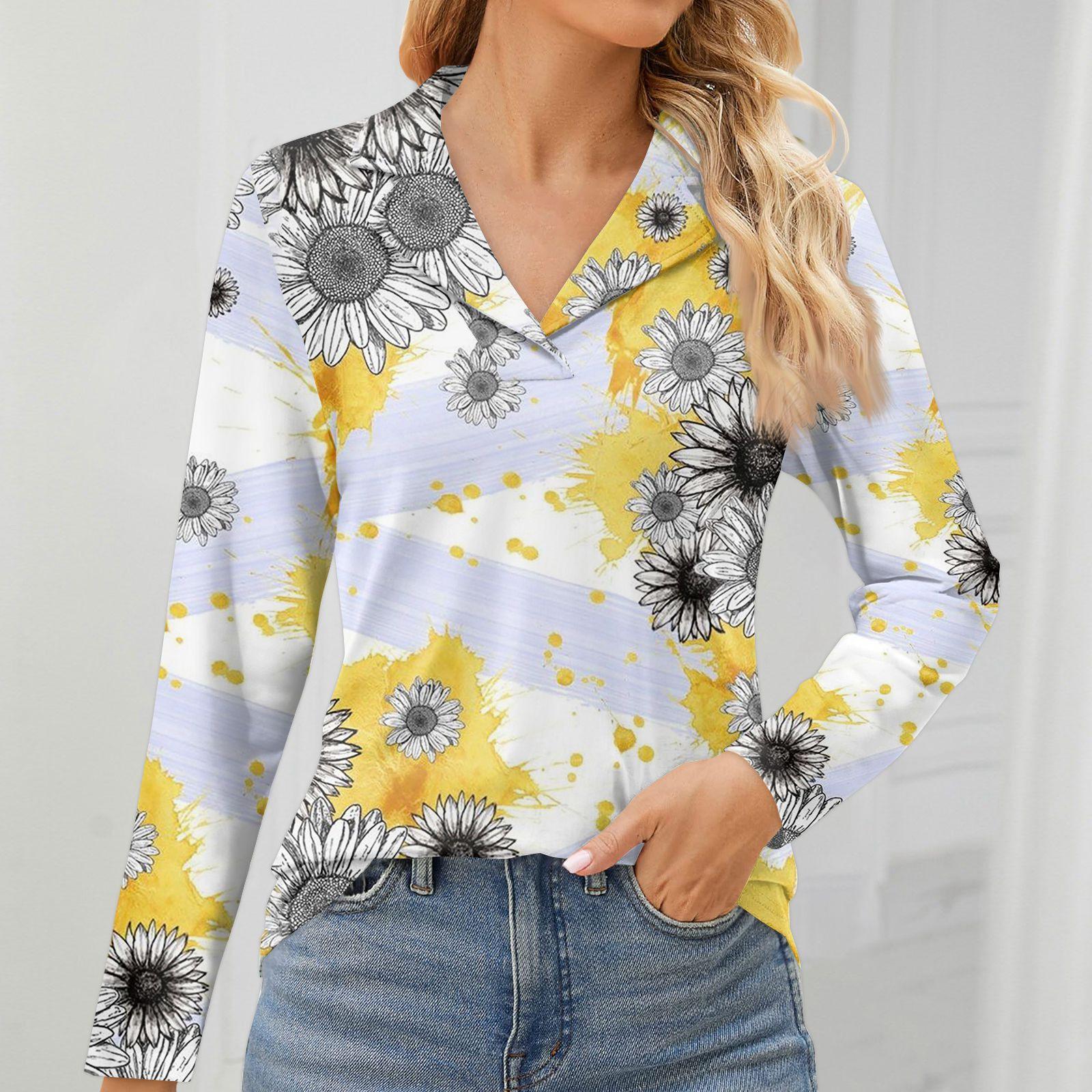 

Женская мода для отдыха с длинным рукавом и V-образным вырезом с цветочным принтом XXXL