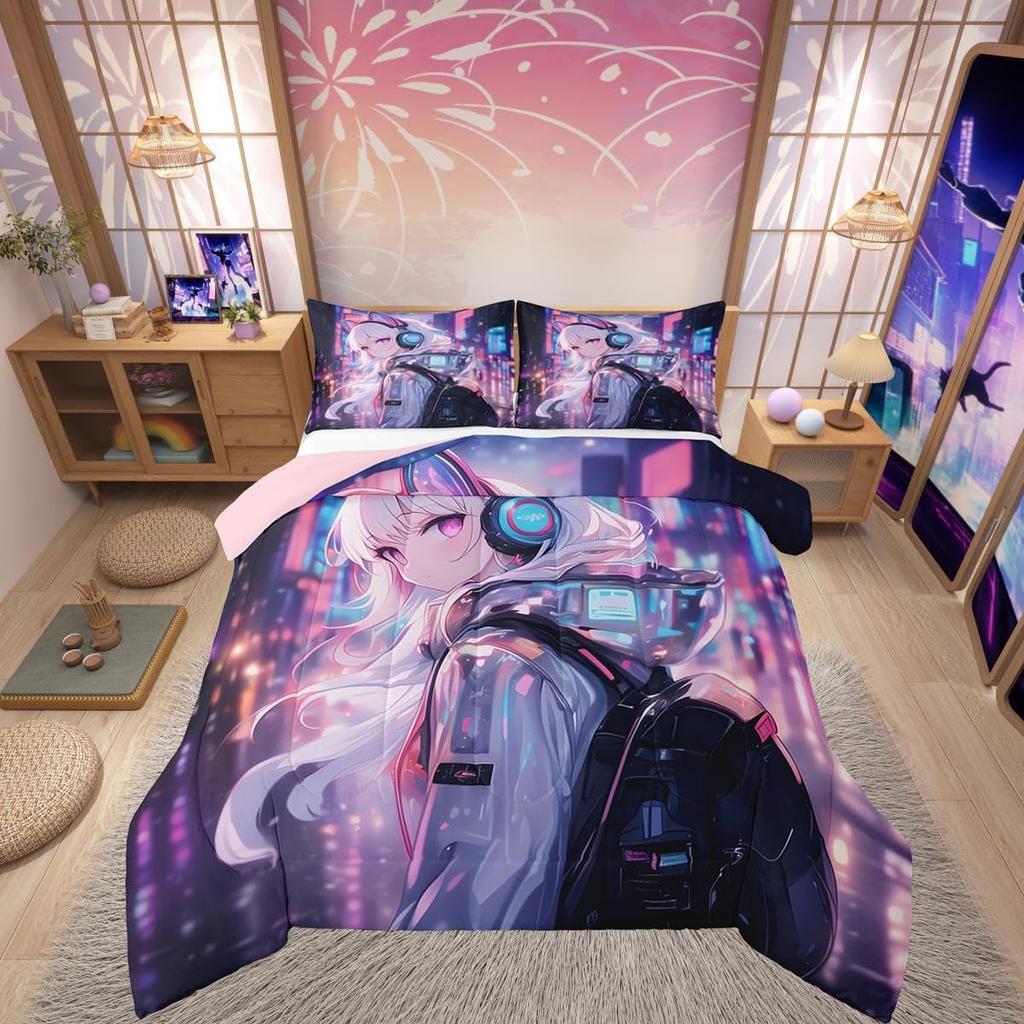 Comforter Japanese Girl Bedding Set Girly Anime Twin For Kidssci Fi Style Gaming Room Decor 3D Cartoon Anime Girl +2
