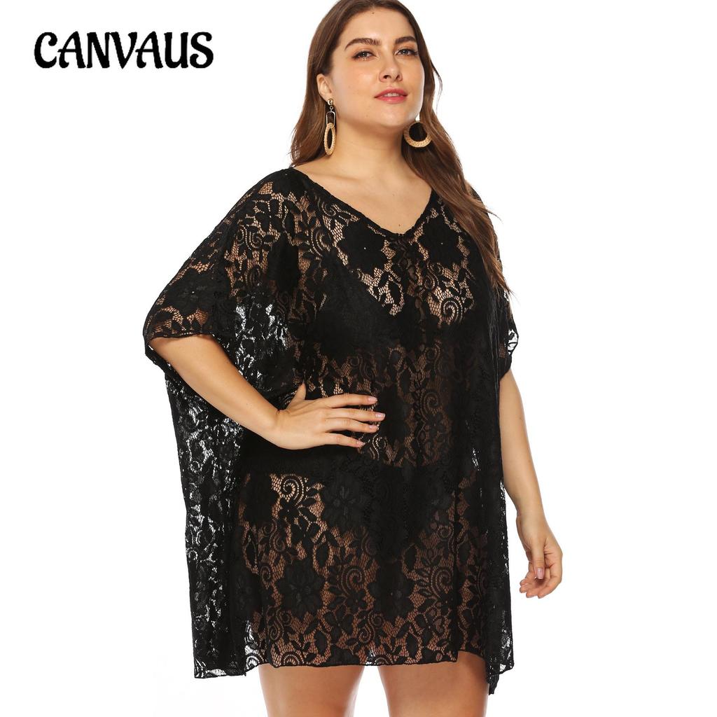 Robe de plage en dentelle pour femmes, grande taille, Sexy, ajouré, transparente, col en v, fendue, Cover-Up pour les maillots de bain