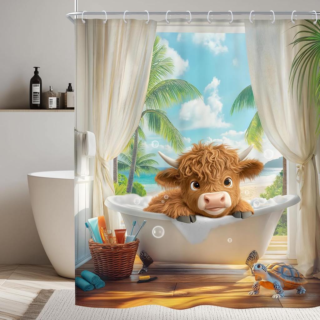 Kids Funny Dog Shower Curtain Cute Hilarious Animals Puppy Wooden Window Floral Flowers Bubbles Leaves Plant Botanical Fabric