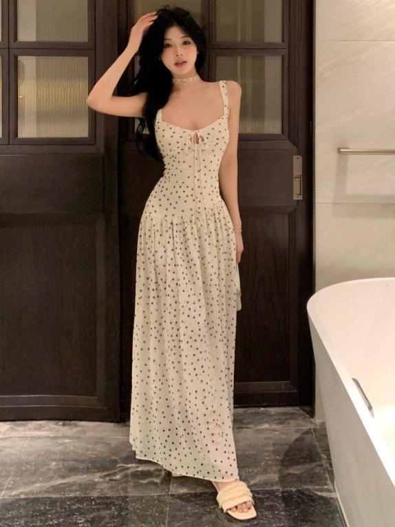 Women’s French White Polka Dot Strappy Dress - 2026 Summer/Spring Seaside Vacation Longwear