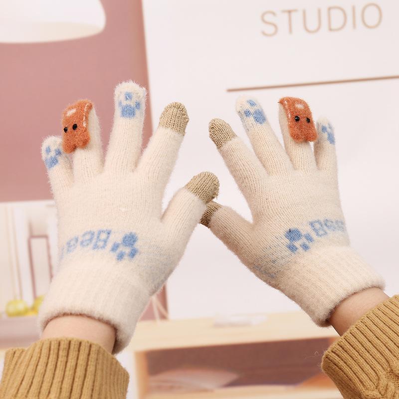 Knitted Thermal Gloves Winter New Velvet Thermal Women's Gloves Cute Bear Five-finger Cold-proof Gloves