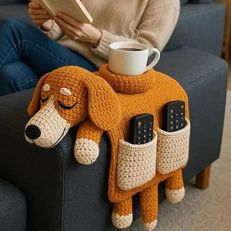 Borsa Portaoggetti a Forma di Divano per Cani all'Uncinetto, Decorazione Portaoggetti da Bracciolo per Divano Intrecciato per Animali Domestici, Con 2 Tasche e Un Portabicchieri
