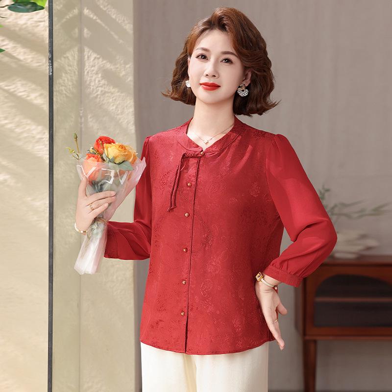 

2026 New Style Traditional Chinese Round Neck Shirt for Grandma: Elegant Summer Top for Elderly Women 5XL (150-165 lbs) червоний