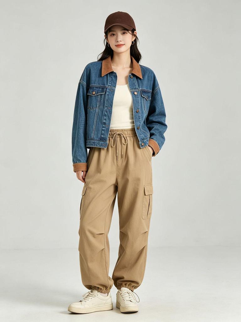 Xin Ge Suede Collar Denim Jacket - Washed Blue, Color Block, Slimming, Versatile Women's Top
