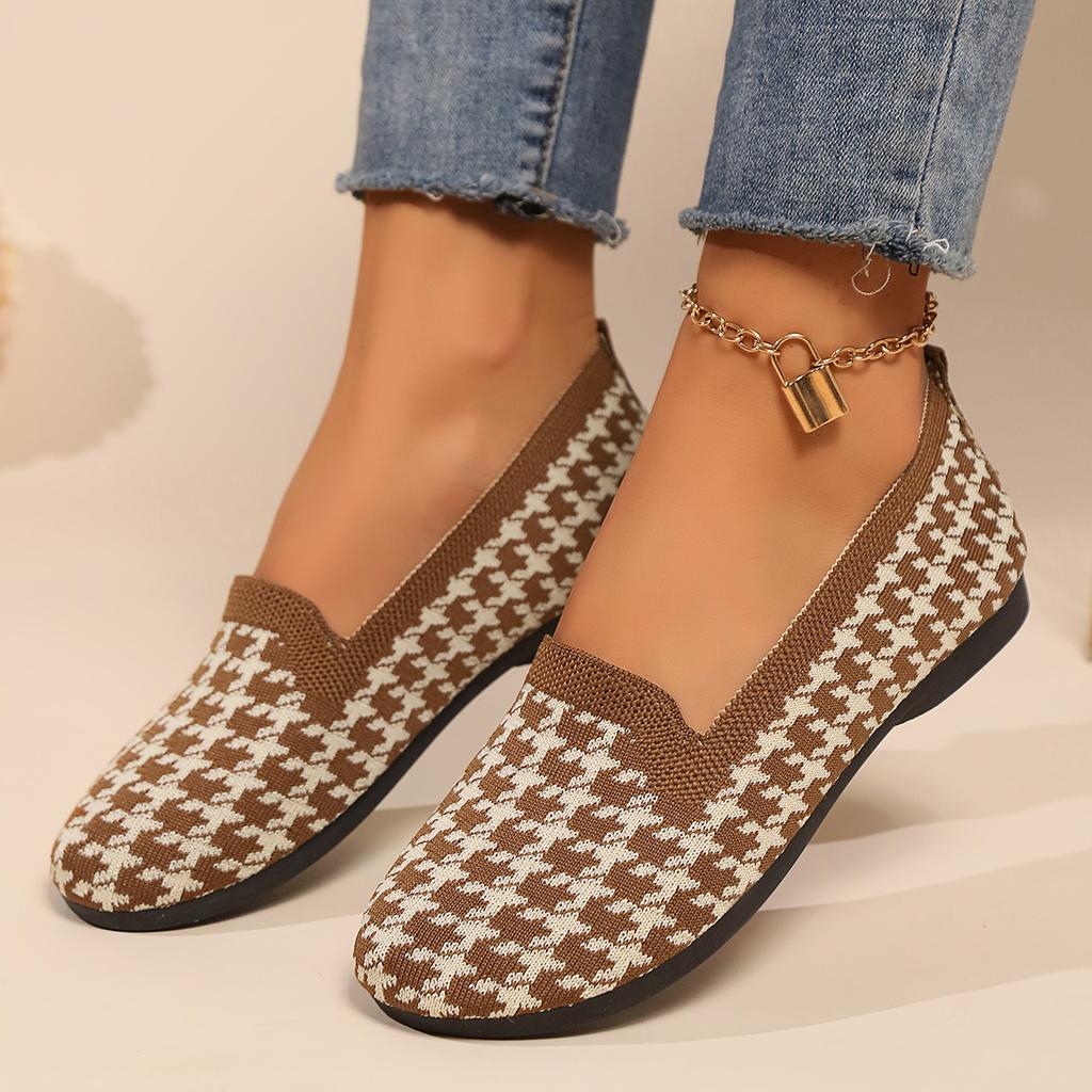 Women Flats 2024 New Round Toe Flat Shoes for Women Plus Size Shallow Sneakers Women Knitting Plaid Print Walking Loafers Shoes