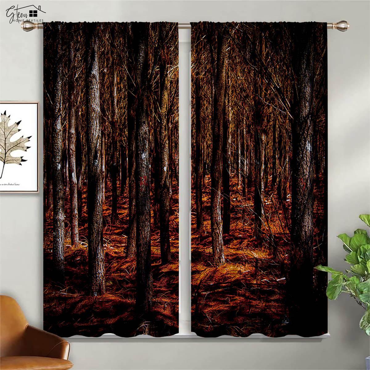 

Forest Landscape Three-Dimensional Print Draperies Woods Flowers Emerald Sunshine Autumn Maple Leaves Natural Vitality Rod Pocket Draperies W50xH160(CM)x2PCS&Grommet Top