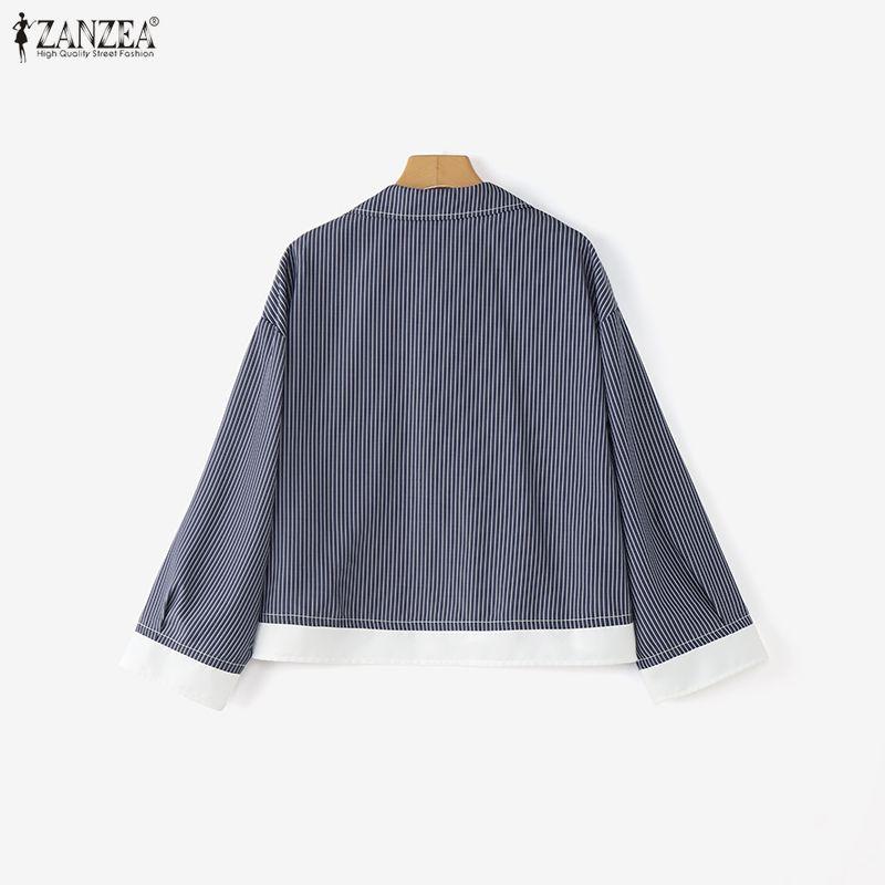 ZANZEA Women Casual Turn Down Collar Loose Long Sleeve Stripe Blouse