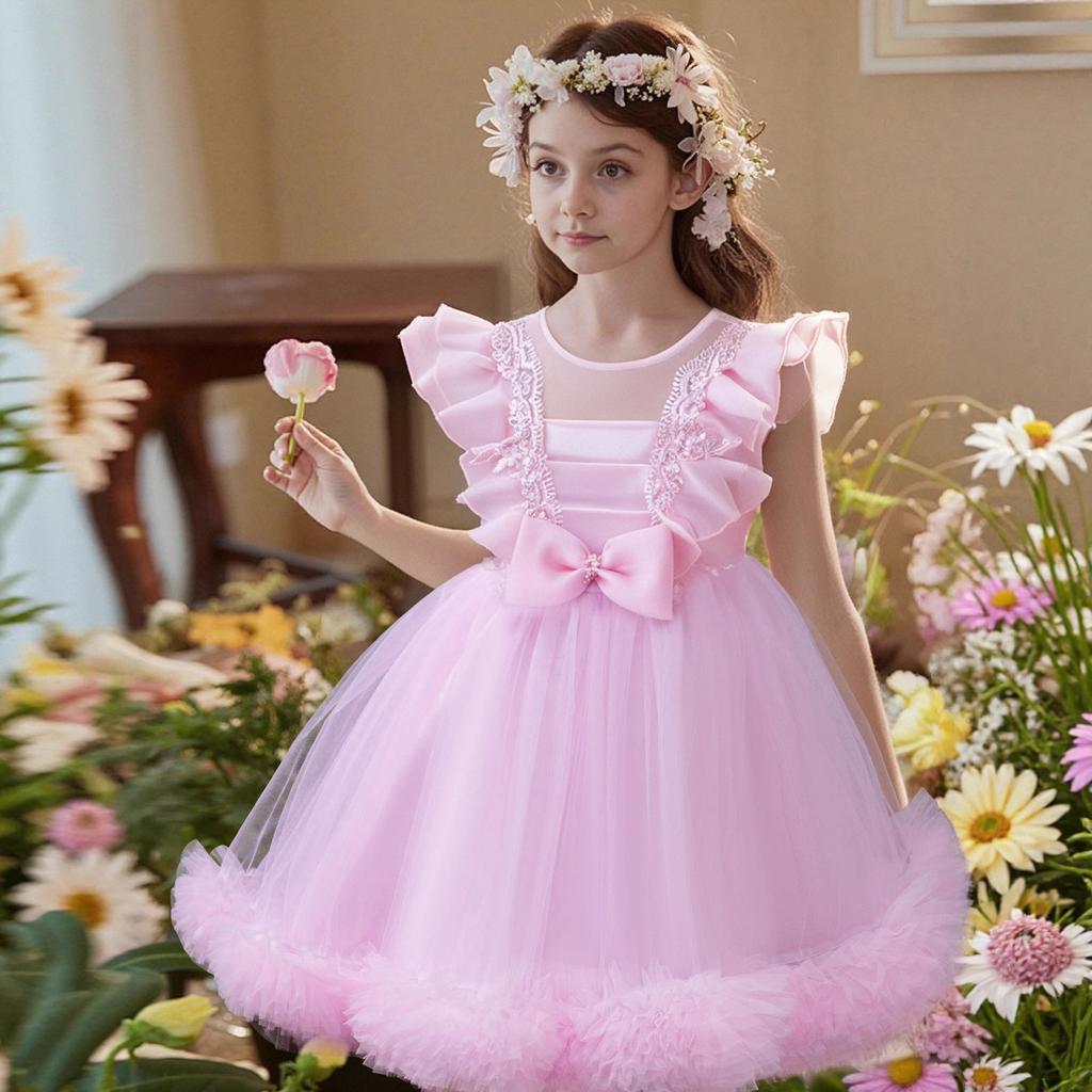 Children's Mesh Gowns Pom Pom Princess Dresses Medium and Large Children's Dresses Dresses Girls' Weekend Costumes  Girl's Favourite Dress