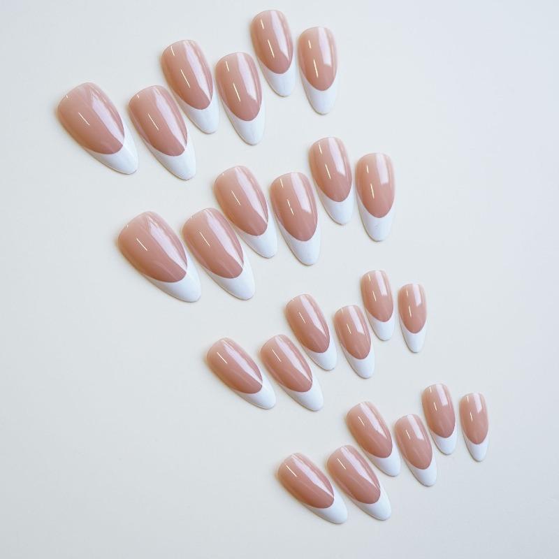 10 Pcs Handmade Minimalist Almond French Press On Nails With White Borders Suitable For All Skin Tones For Women