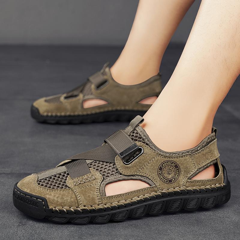 Fashion Sandals Men's Tide Summer New Style Leather Toe Cap Outdoor Leisure Sports Hollow Sandals Beach Shoes Handmade Mesh Men Shoes