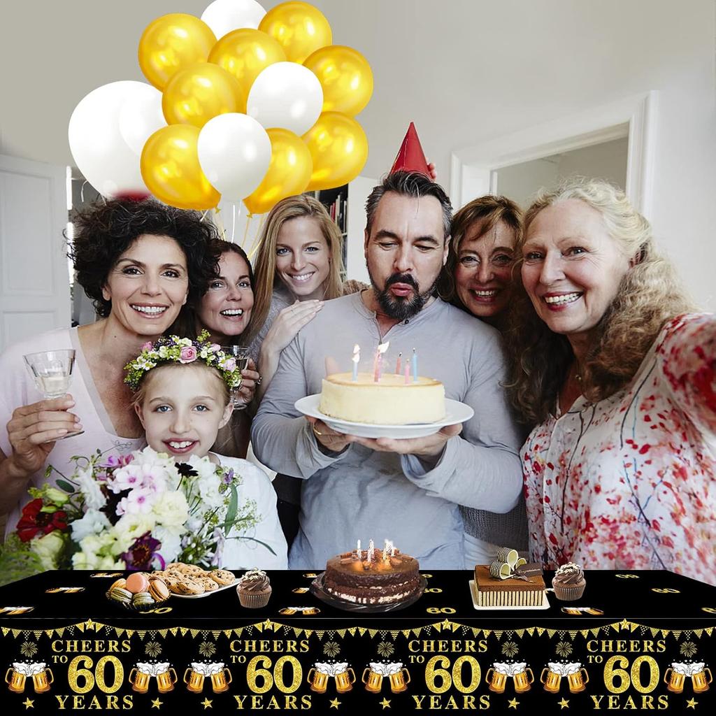 3 Packs Black Gold 60th Birthday Tablecloth Decorations for Men Women, Cheers to 60 Years Table Cover Party Supplies, Sixty Years Old Birthday