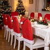 Elastic Non-woven Chair Protectors Christmas Cover, Red Santa Hat Dining Slipcover, Holiday Back Decorations Cover with Pom for Xmas Kitchen