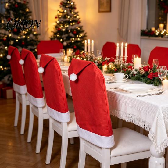 Elastic Non-woven Chair Protectors Christmas Cover, Red Santa Hat Dining Slipcover, Holiday Back Decorations Cover with Pom for Xmas Kitchen