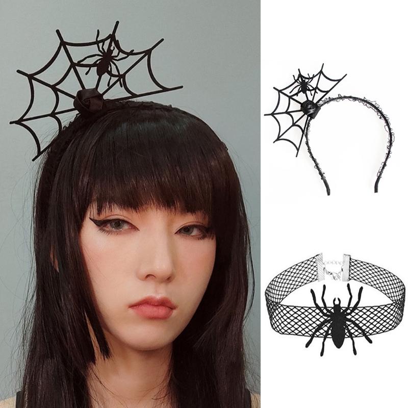 Halloween Headwear Spider Webs Headband Lace Necklace Fancy Dress-up Headpiece for Cosplay Party Novelty Headdress