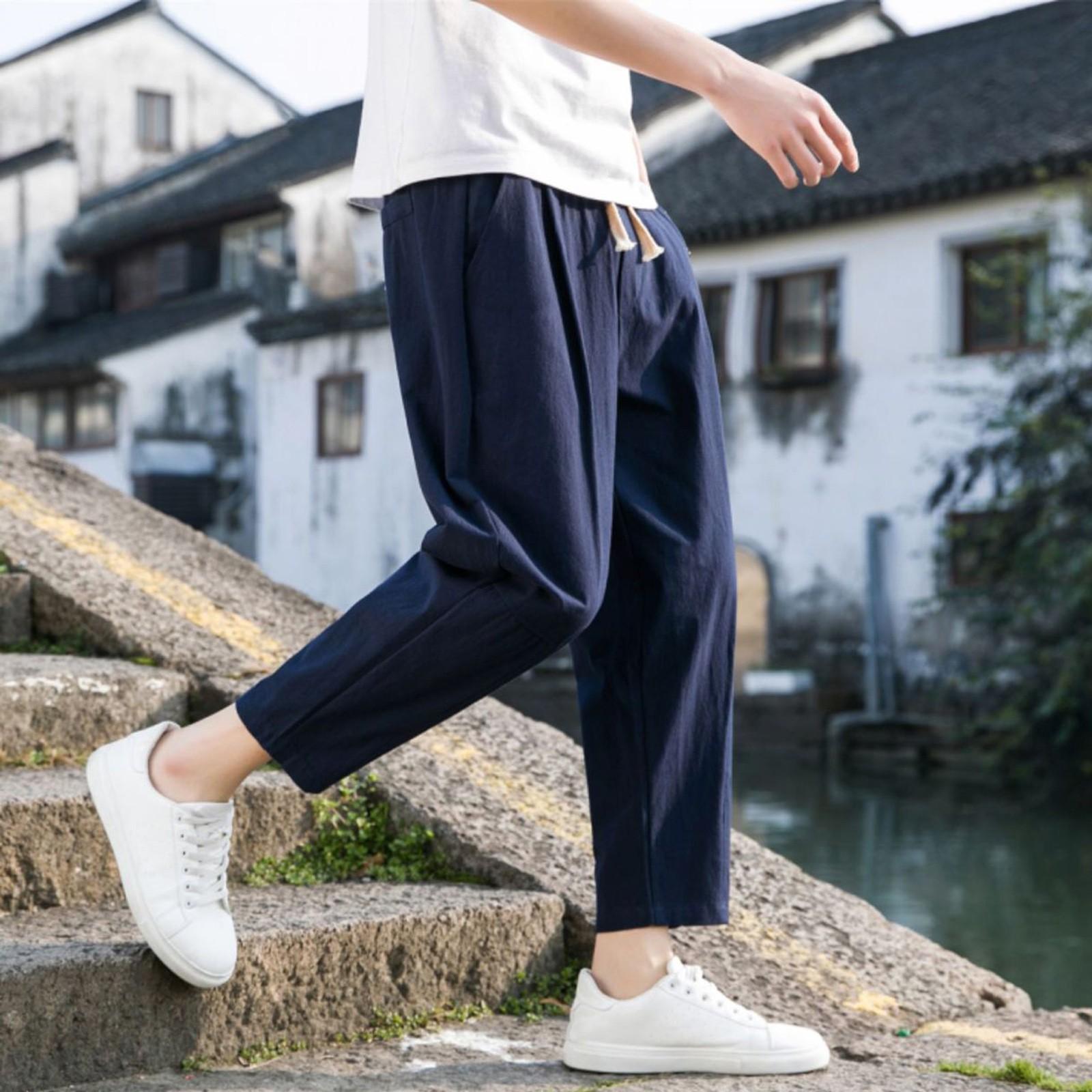 

Мужские повседневные модные однотонные хлопковые льняные брюки, удобные дышащие брюки XL тёмно-синий