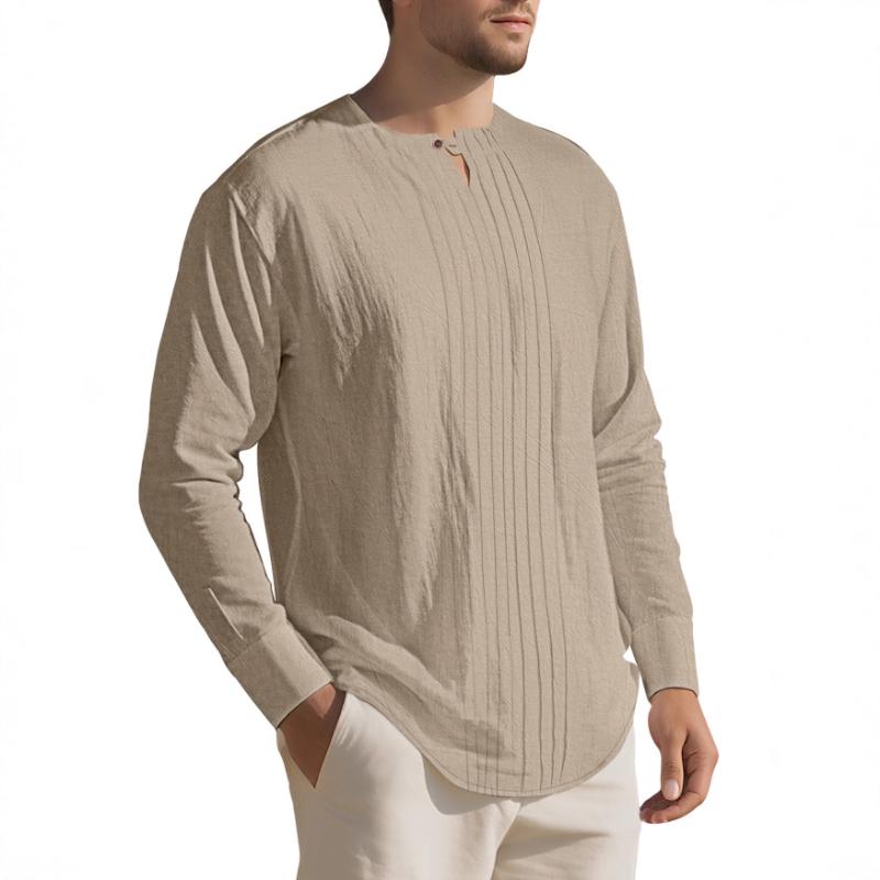 Round Neck Autumn and Winter Long Sleeve New Solid Color Linen Design Men's Casual Sports Henry Shirt
