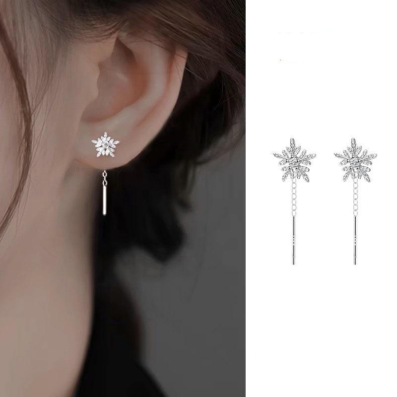 S999 Pure Silver Snowflake Tassel Hoop Earrings, Ear-Friendly, Lightweight Luxury, Versatile Slimming for Round Face, New Arrival Women's Earrings