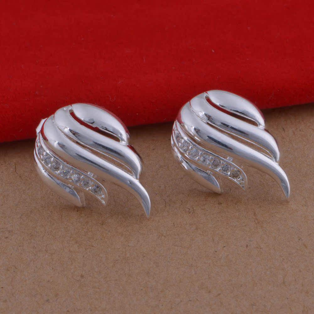 Korean Style 925 Sterling Silver Feather Earrings with Diamond Design