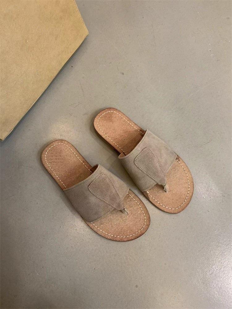Retro one-word sandals women's summer 2025 new Mori women's fashion matte leather toe flat bottom flip-flops