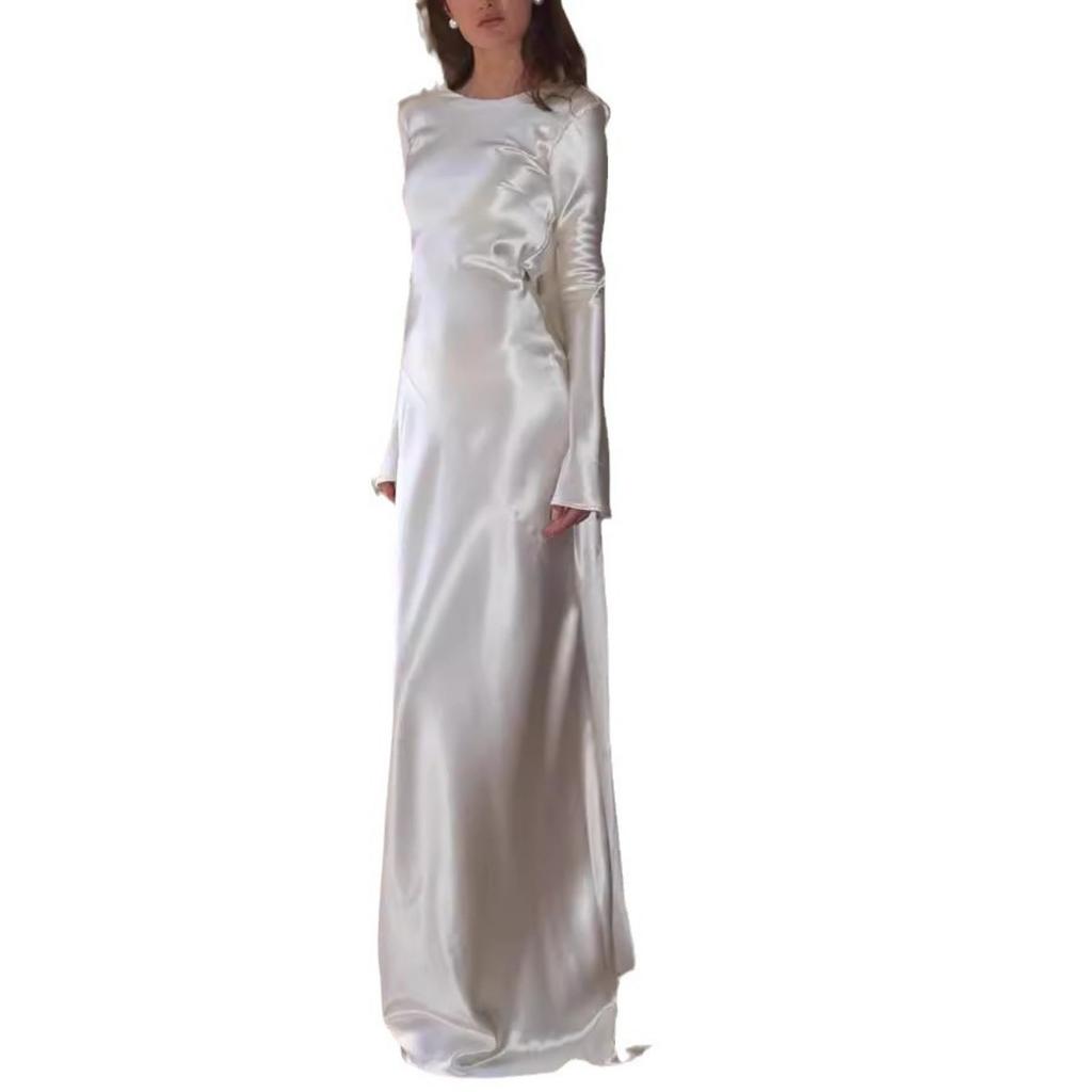 Women's Sexy Backless Mermaid Maxi Dress, Solid Color Round Neck Slim Fit Evening Gown for European American