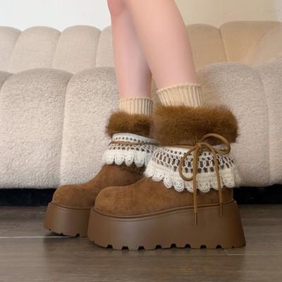 Two Women Wearing Thick-soled Heightening Snow Boots 2025 Winter Velvet Warm Short Tube Wasteland Wind Cute Fluffy Cotton Shoes