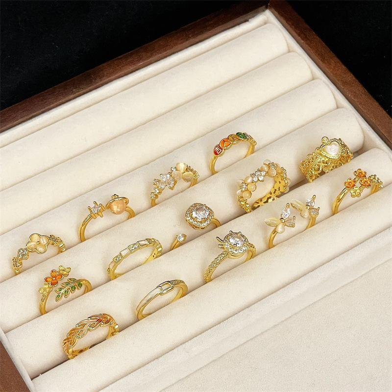 [Golden Mang Honey Language] Medieval Vintage Enamel Gold High-End Flower Opening Ring Female Light Luxury Ring