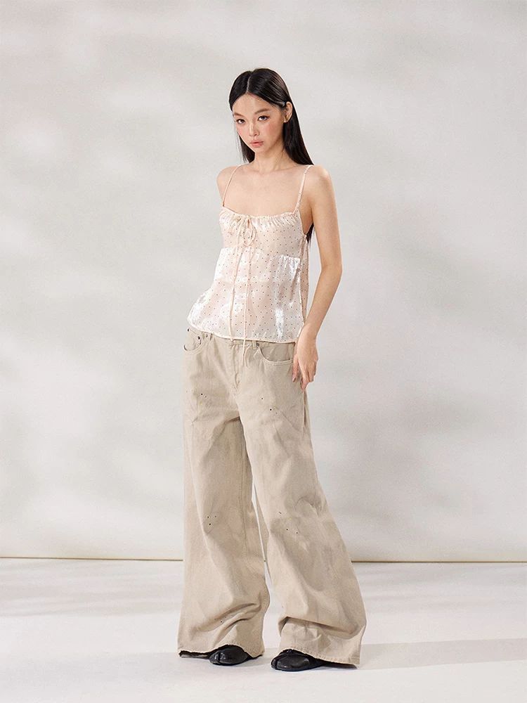 Vintage Polka Dot Lace-up Sling Vest Women's Summer Tulle Adjustable Outer Wear Versatile Comfortable Casual Pure Desire Top