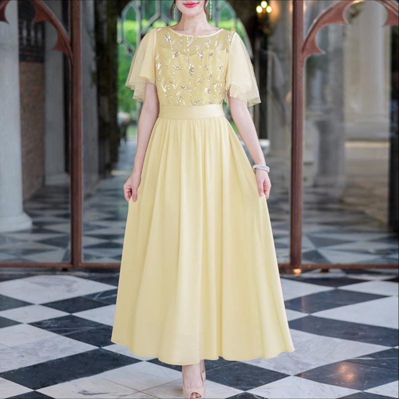 ZANZEA Women Casual Round Neck Mesh Splice Short Sleeve Loose Dress