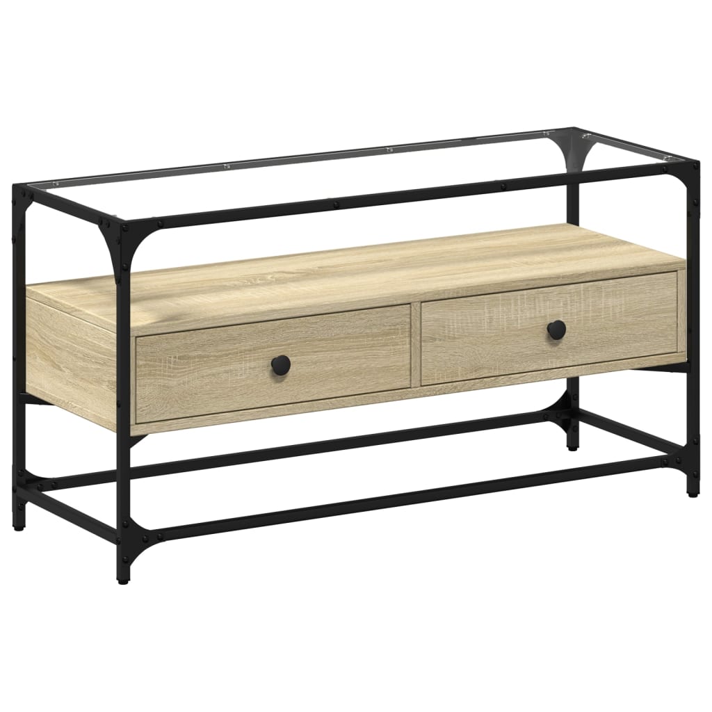 TV Cabinet with Glass Top Sonoma Oak Finish 98 X 35 X 51 Cm Engineered Wood